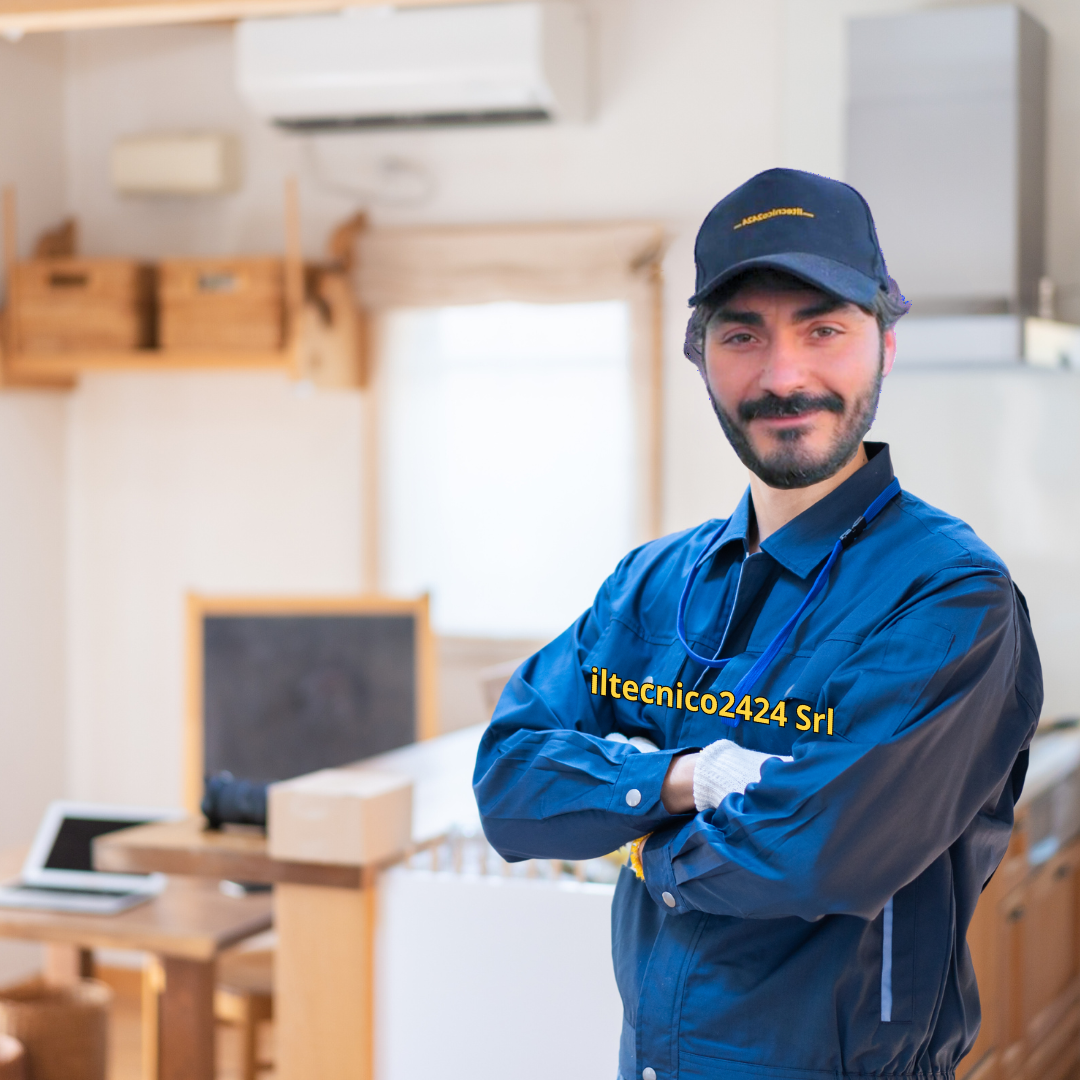 Damiano di iltecnico2424 Srl che indossa un'uniforme blu, con un condizionatore ProOzone sullo sfondo.